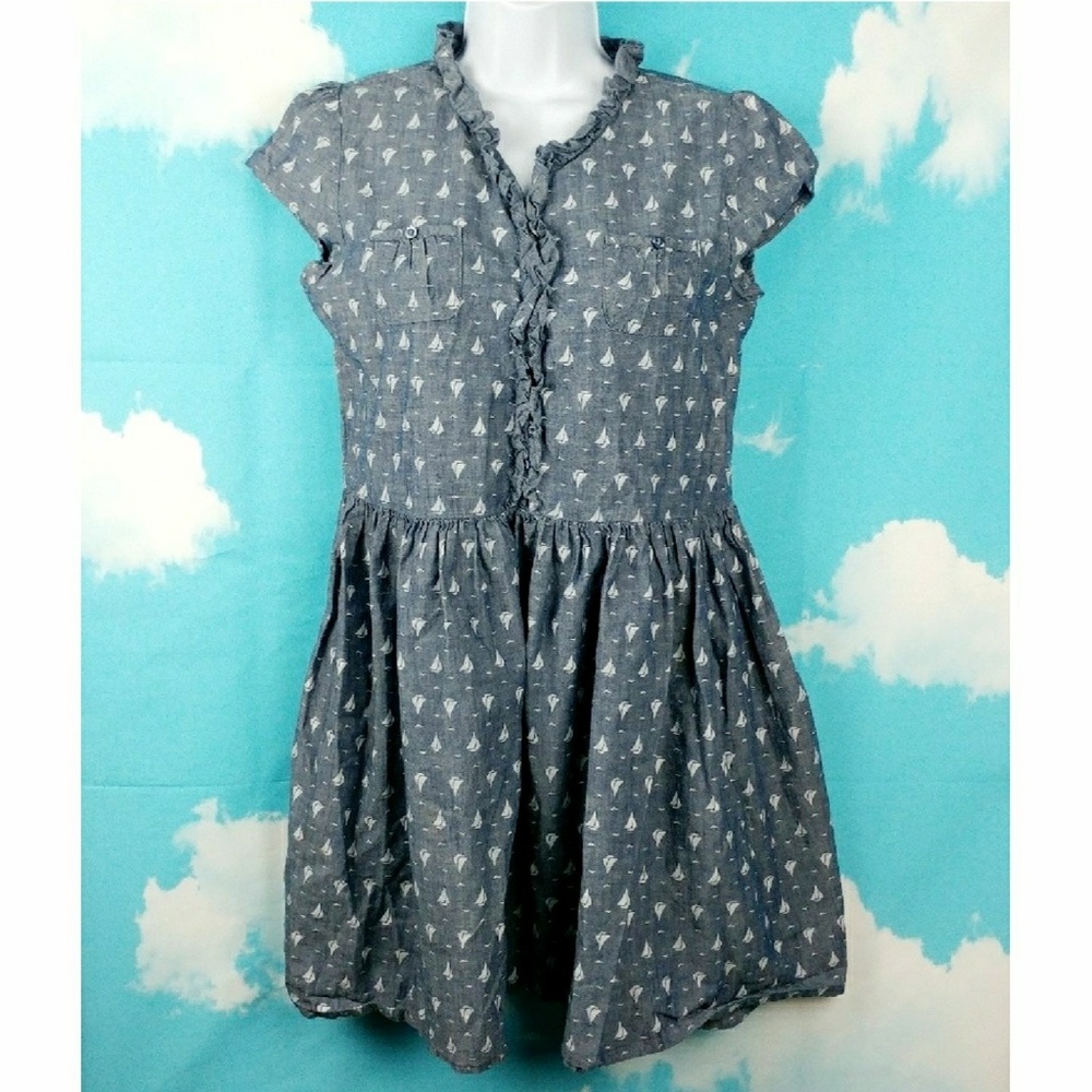 ⛵ ⛵ ⛵ Sail Boat Print Lands End Denim Dress Ruffle